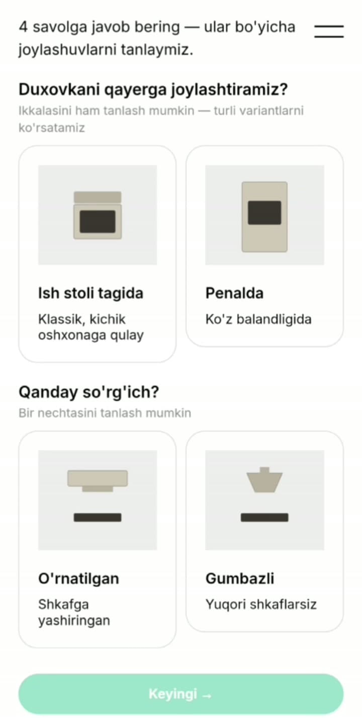 Oshxona parametrlari: duxovka joyi va so'rg'ich turi