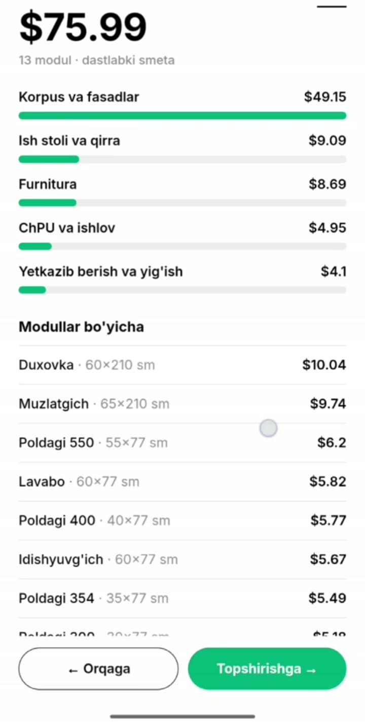Smeta: bo'limlar va modullar bo'yicha